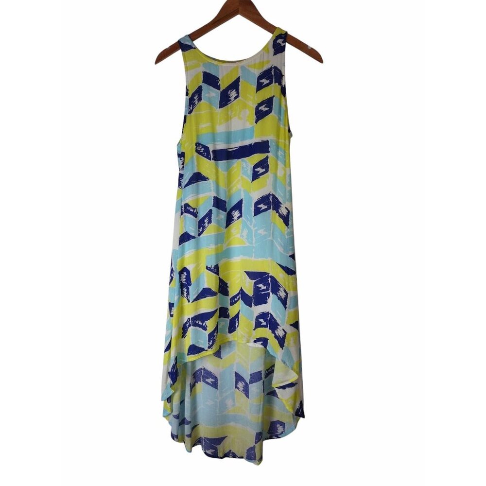 Ella Moss Women's M‎ Vibrant Yellow & Blue Artsy Abstract Beachy High Low Dress